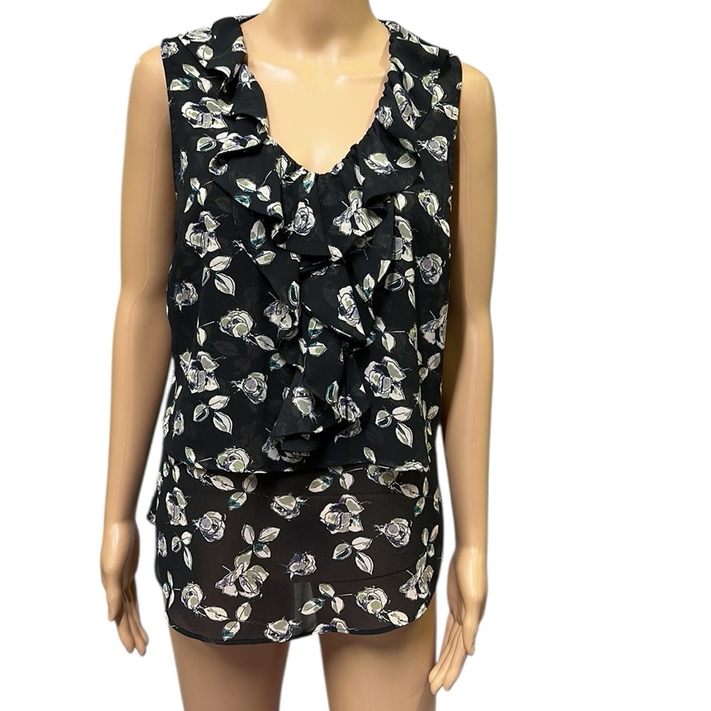 Loft Black White Floral Ruffle V Neck Lightweight Sleeveless Blouse Top Medium